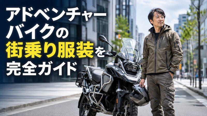 アドベンチャーバイクの街乗り服装｜都市部で佇む40代男性ライダーとADVバイク
