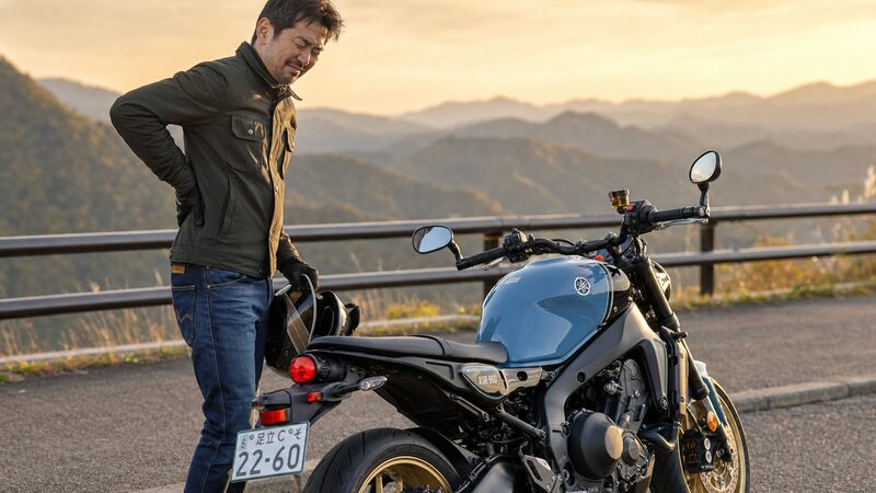 XSR900のシートが痛いと腰に手を当てるライダーと停車中の車両