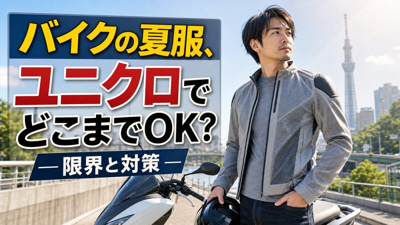 バイクの夏服をユニクロと専門メッシュジャケットで組み合わせた通勤ライダーの男性