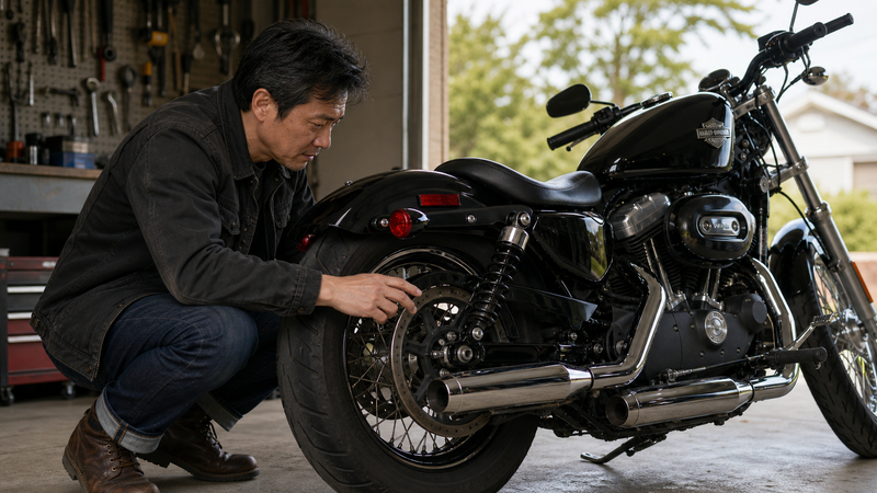 シート高695mmのXL883Lスーパーローのリアサスペンションを確認する男性