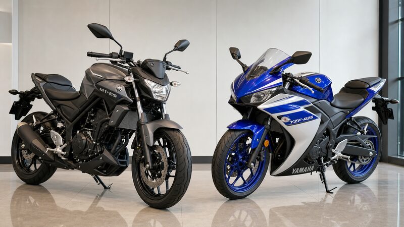 MT-25とYZF-R25のハンドルまわりを並べて比較した写真