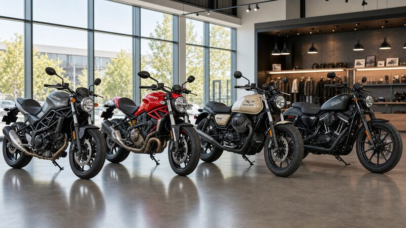 SV-7GX・Monster・V7・ナイトスターなど現行Vツインネイキッド4台が並ぶ実車のイメージ