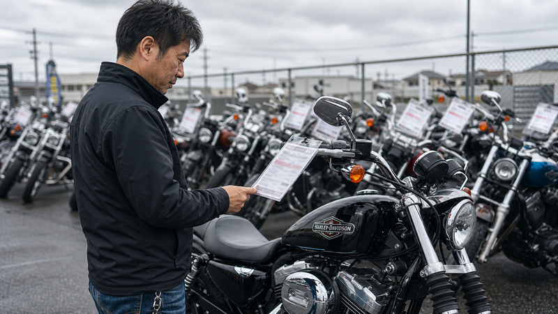 中古販売店でXL883Lスーパーローの価格を確認する男性