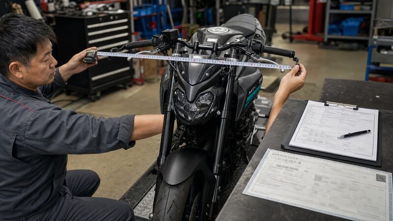 MT-25のトップブリッジと車検証・メジャーを並べた保安基準確認のイメージ