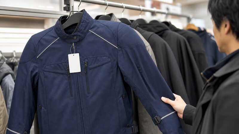 ワークマンの手頃な価格帯のバイク対応ジャケットが並ぶ店内の様子