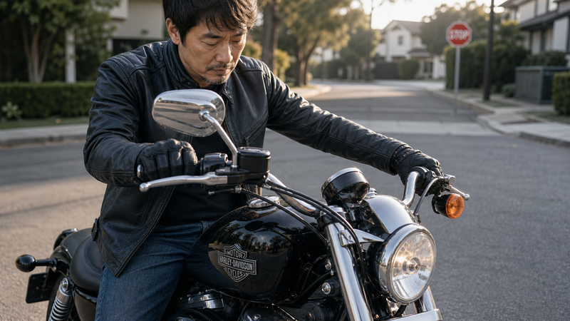 発進前にXL883Lスーパーローのタンク上スピードメーターを確認するライダー