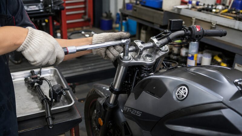MT-25のトップブリッジにR25純正セパレートハンドルをボルト固定する作業風景