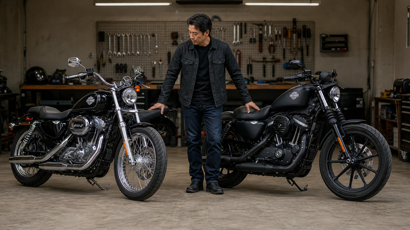 XL883Lスーパーローとアイアン883の車体を見比べる男性