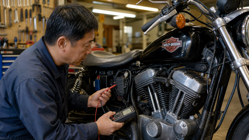 XL883Lスーパーローのクラッチとレギュレーターを点検する整備士