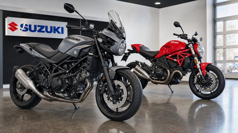 現行で新車購入できるスズキSV-7GXとドゥカティMonsterのイメージ