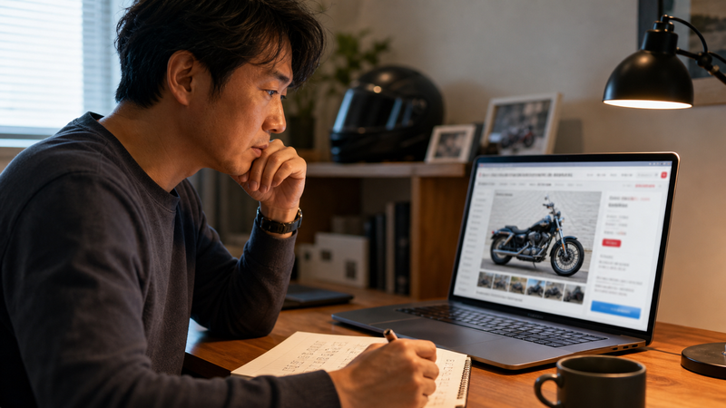 中古のXL883Lスーパーローの相場情報をノートパソコンで確認する男性