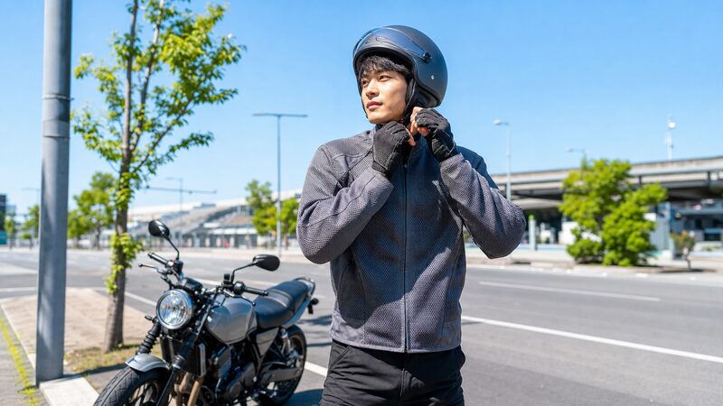 夏用メッシュジャケットを着てバイクに乗る準備をする男性