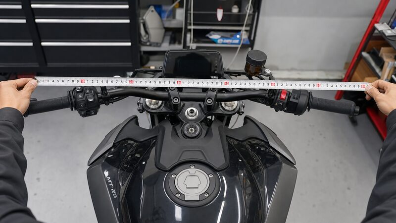 セパハン装着後のMT-25のハンドル幅をメジャーで実測する場面