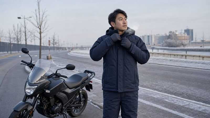 冬用の防水防寒ジャケットを着込んでバイクに乗る準備をする男性