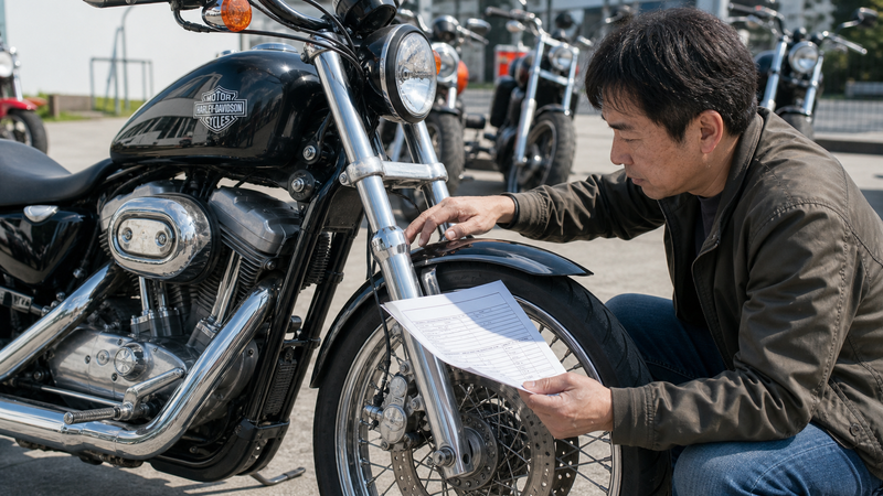 XL883Lスーパーローの外装と整備記録を照らし合わせて確認する男性