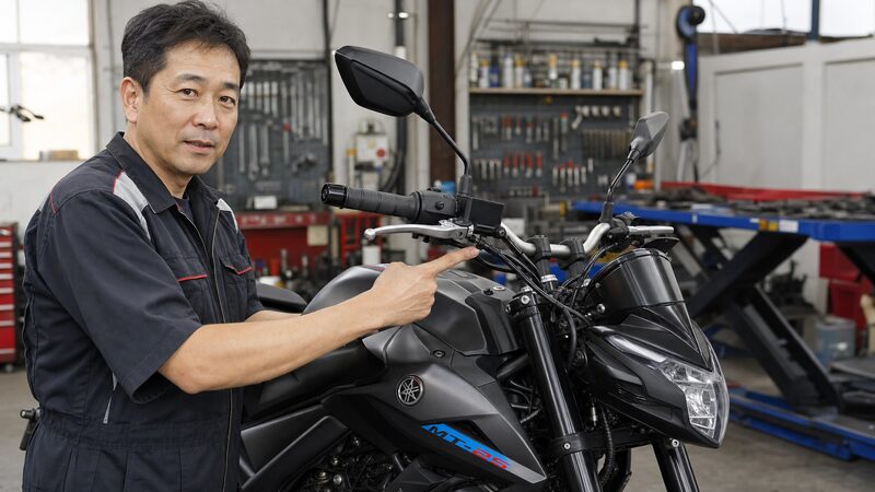 バイクショップの整備士がMT-25のケーブル取り回しを点検している様子