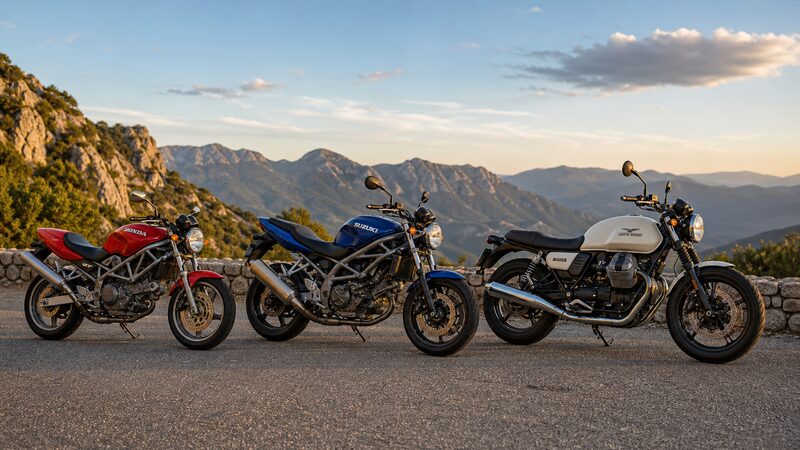 VTR250からSV650、輸入Vツインへのステップアップ動線を示す3台の実車イメージ