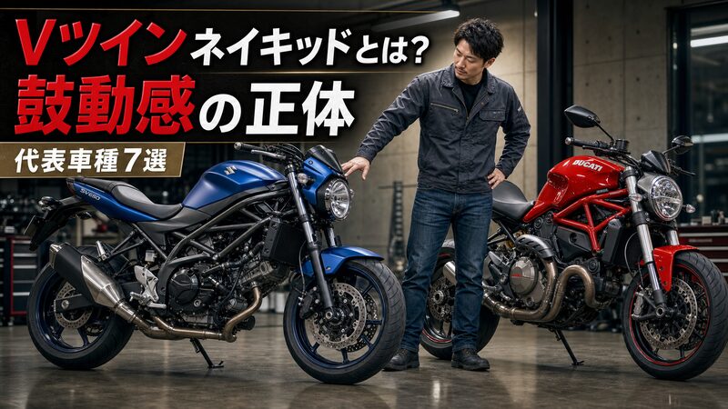 Vツインエンジンを見せるネイキッドバイク2台とVツインネイキッドの鼓動感を象徴するイメージ