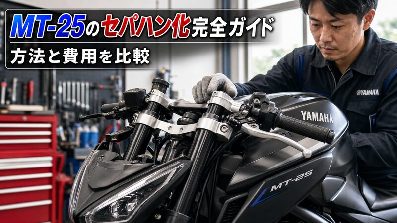 ヤマハMT-25にセパレートハンドルを装着したフロントまわりのクローズアップ