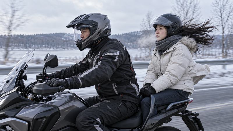 冬のバイクタンデムで後ろに乗る女性が寒さに震える様子