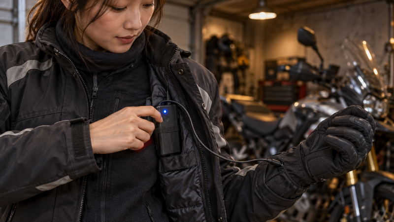 バッテリー式の電熱ウェアを装着する女性